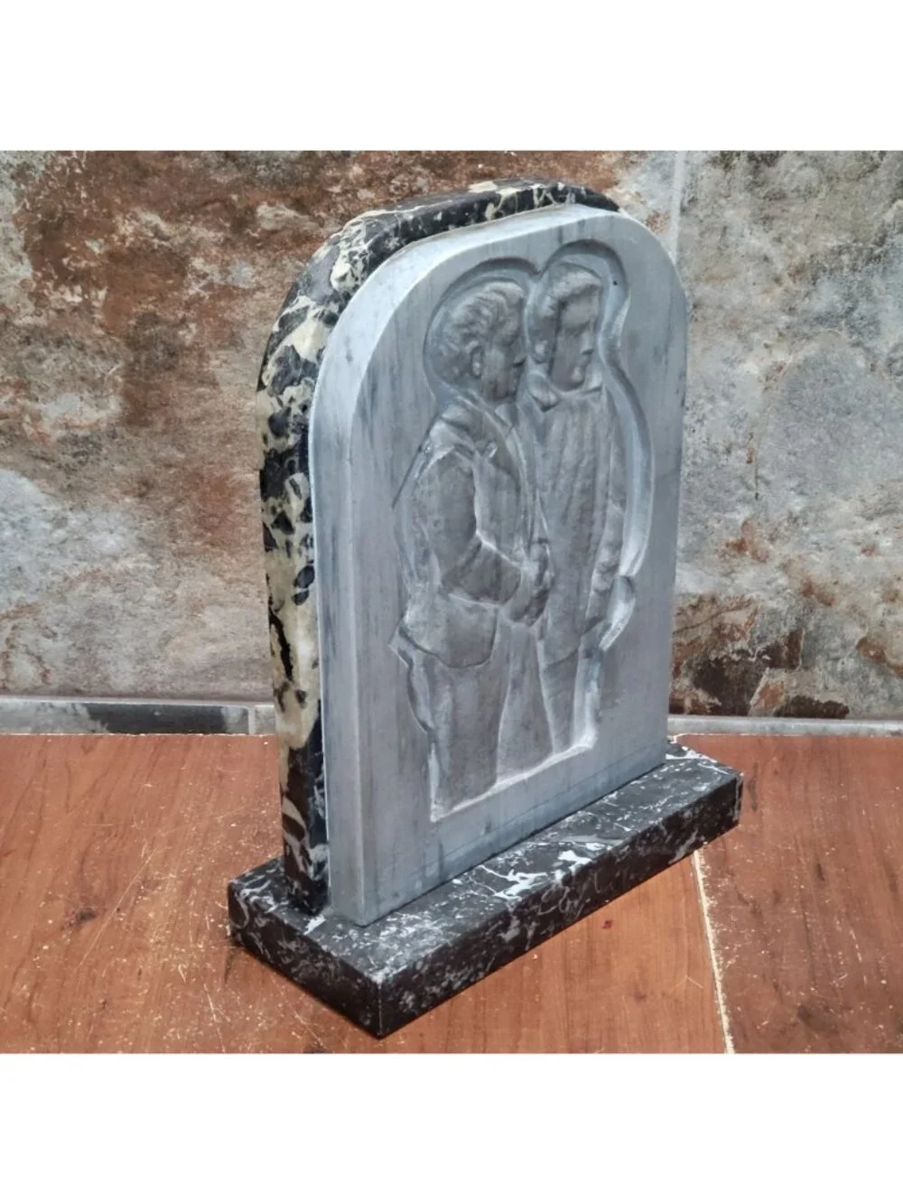 Handcrafted Stone Monument Bas Relief Carving Two Figures Side by Side Carved Ma